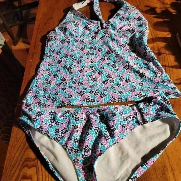 Old  Navy 2 piece Tankini size medium Black turquoise print neck ties - Picture 6 of 6